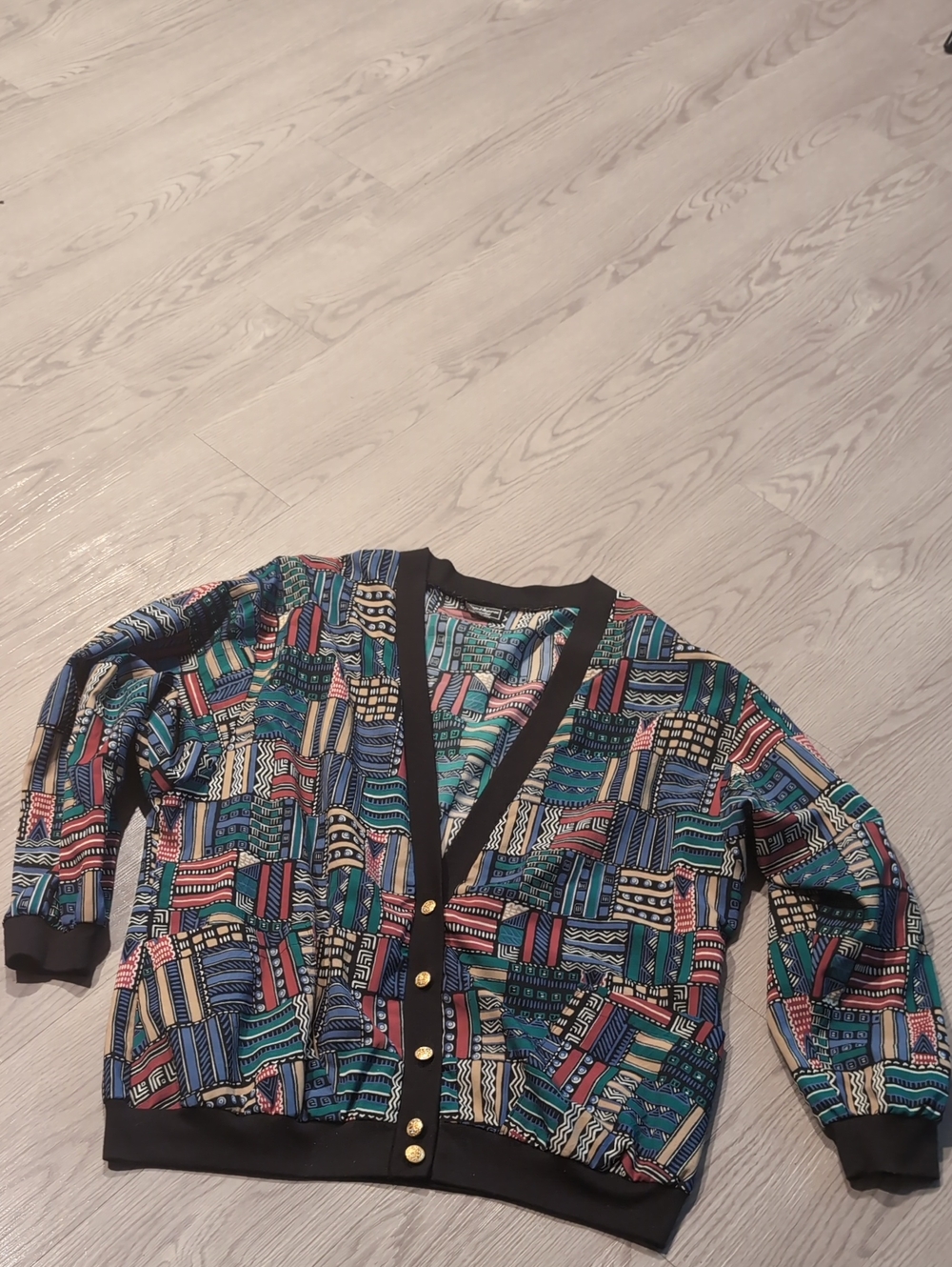 Vintage Southern Lady Multicolor Geometric Print Cardigan with Black Trim